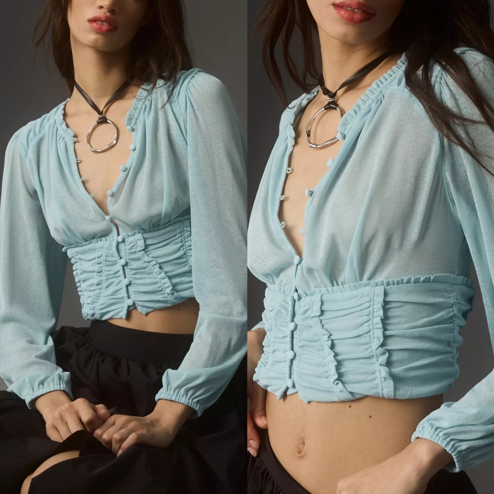 By Anthropologie Long-Sleeve Femme Ruche Cropped Top XL Sky Blue Corset Fairy